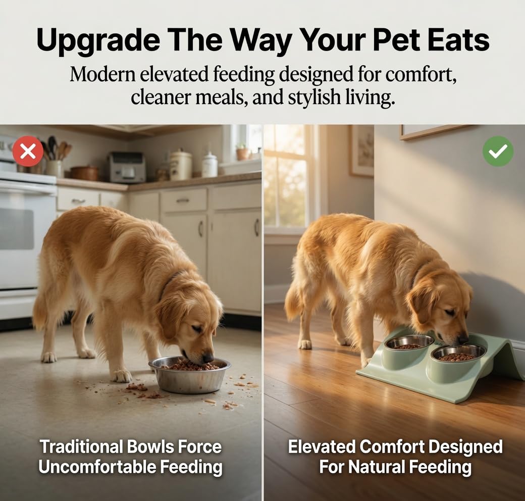 LVER 2 In 1 Raised Premium Pet Bowl Set for Dogs & Cats – Elevated Double Stainless Steel, Non-Slip Modern Stand for Food & Water, Easy Clean, Durable, Stable, Hygienic for Small, Medium & Large Pets