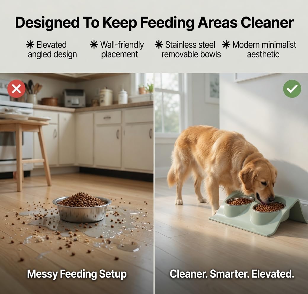 LVER 2 In 1 Raised Premium Pet Bowl Set for Dogs & Cats – Elevated Double Stainless Steel, Non-Slip Modern Stand for Food & Water, Easy Clean, Durable, Stable, Hygienic for Small, Medium & Large Pets