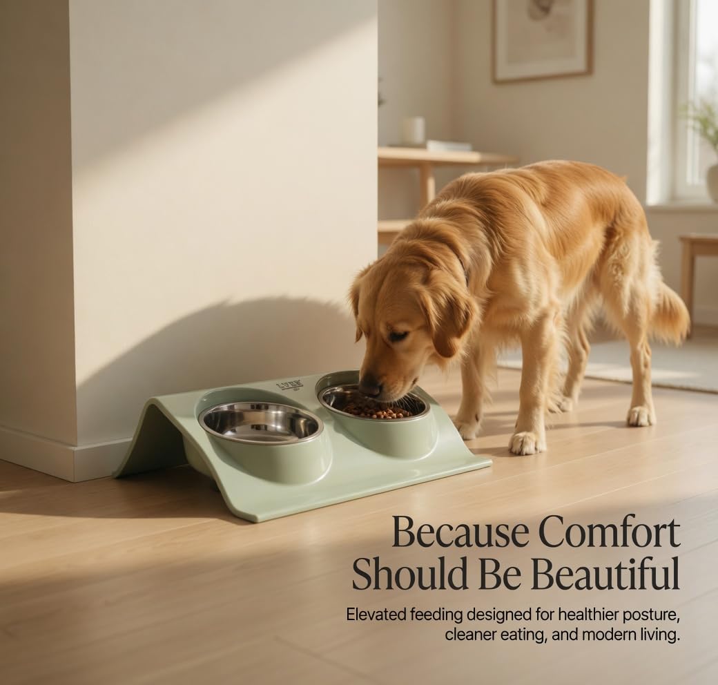 LVER 2 In 1 Raised Premium Pet Bowl Set for Dogs & Cats – Elevated Double Stainless Steel, Non-Slip Modern Stand for Food & Water, Easy Clean, Durable, Stable, Hygienic for Small, Medium & Large Pets